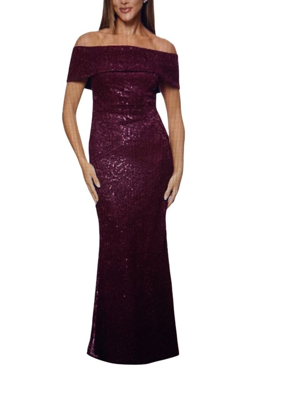 XSCAPE Women's Sequined Lace Off-The-Shoulder Gown Purple Sequin  Size 10 NWT